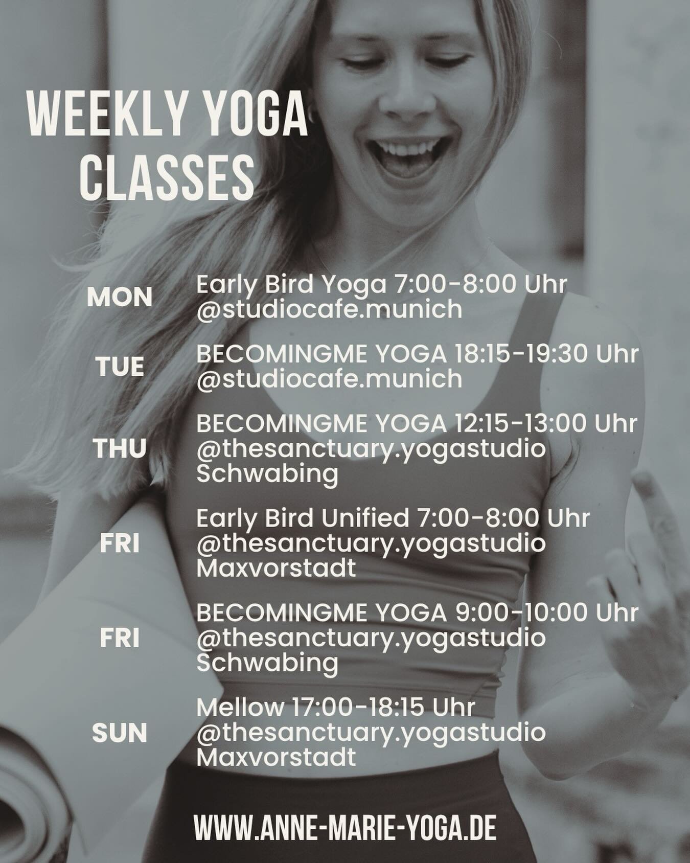 Update WEEKLY YOGA CLASSES 
Summer Schedule ☀️

Alle Klassen k&ouml;nnen direkt &uuml;ber meine Website gebucht werden - link in der bio 🙏

Montag
Early Bird Yoga 7:00-8:00 Uhr 
@studiocafe.munich 

Dienstag 
BECOMINGME YOGA 18:15-19:30 Uhr
@studioc