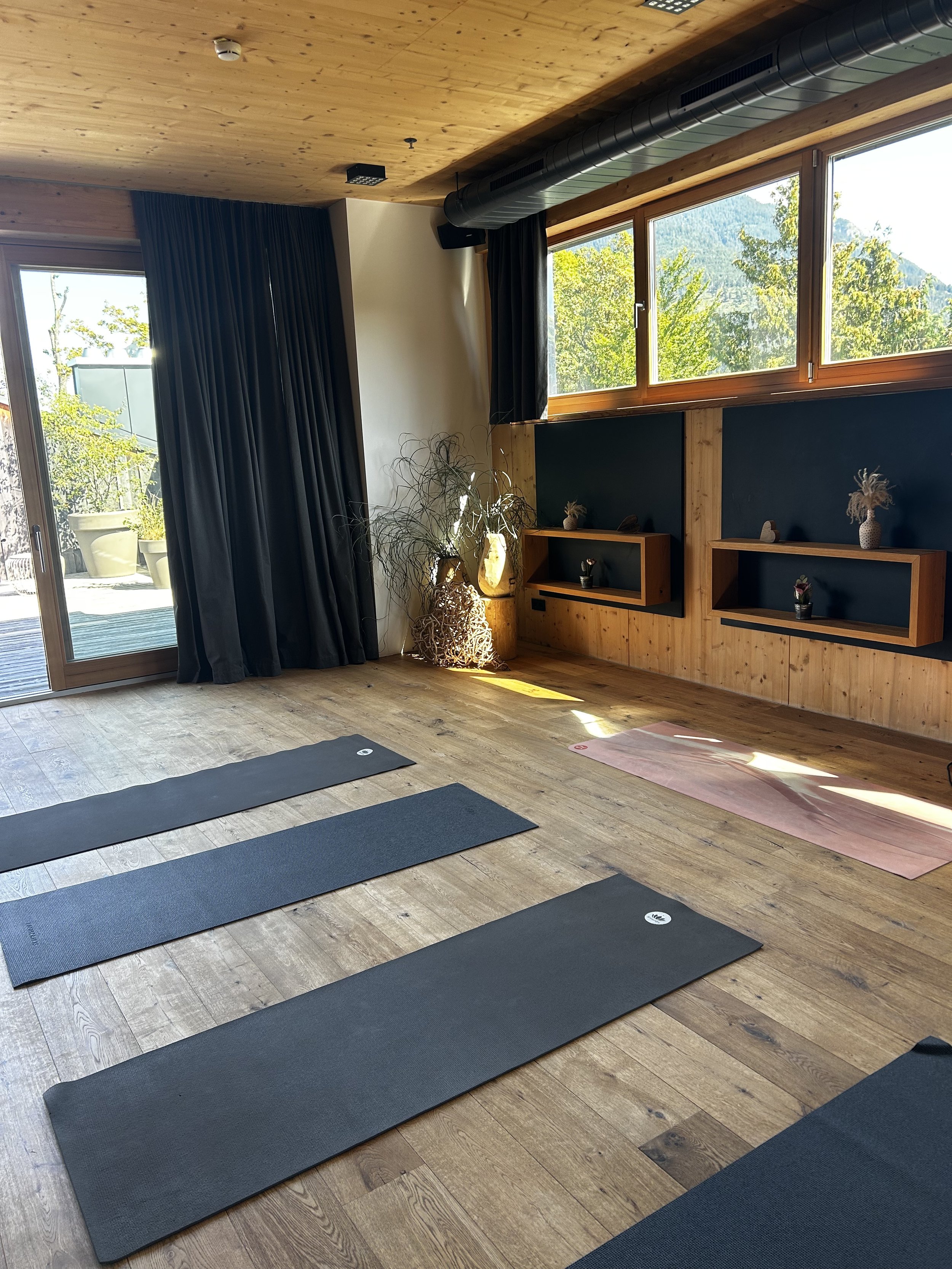 Yoga- oder Meditationsmatten in einer hellen, holzvertäfelten Übungsraum, mit großen Fenstern und Blick auf grüne Bäume im Freien, mit Pflanzen und dekorativen Gegenständen auf Regalen.