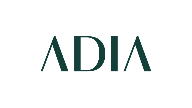 The logo of ADIA with stylized letters 'ADIA' in black and dark green.