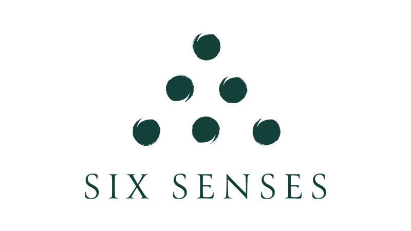 Logo with six dots arranged in a pyramid shape above the words 'SIX SENSES'