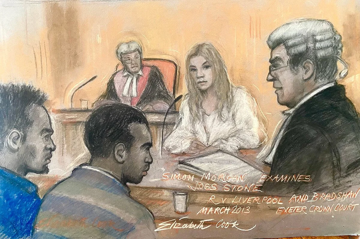 Simon Morgan examines Joss Stone in the witness box, Exeter Crown Court, 2013