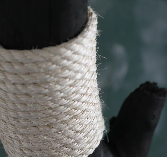 Close-up of thick natural sisal rope used on a cat scratching post