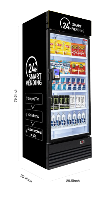 Self-service vending machine stocked with snacks and drinks, labeled as 24h smart vending with options for swipe/tap, grab items, and auto checkout.