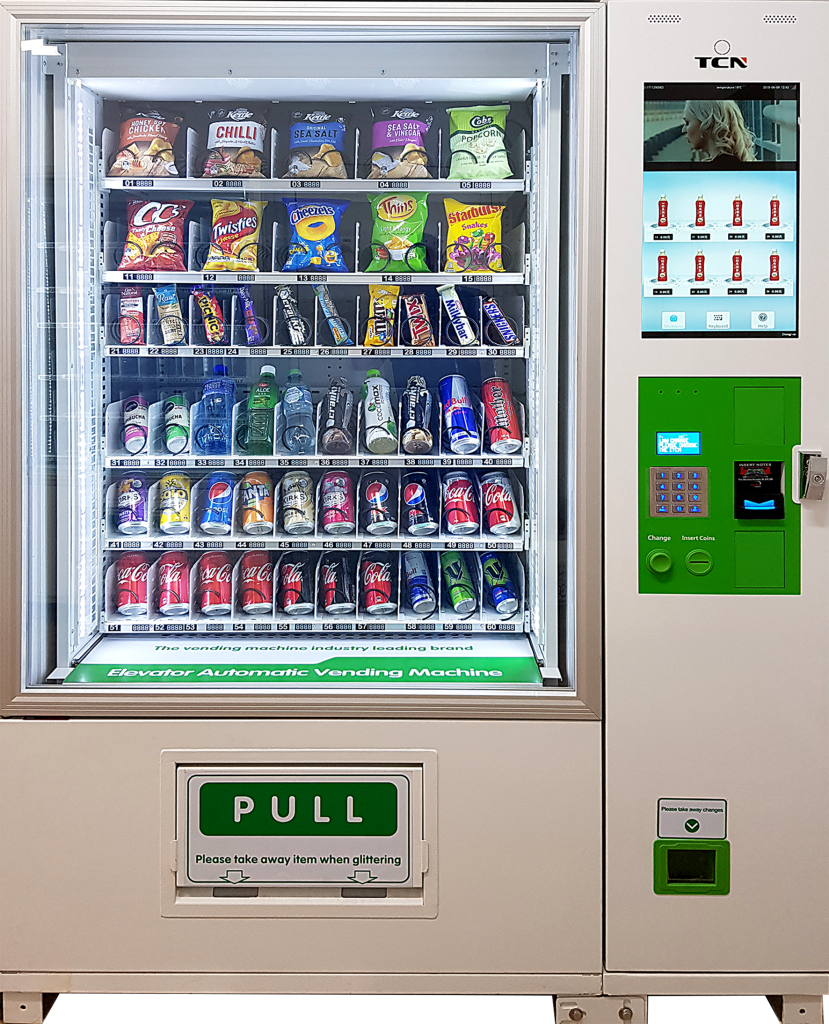 A vending machine containing snacks and beverages. The top row has chips, the second row has candy bars, the third row has energy drinks, the fourth row has bottled water, the fifth row has canned sodas, and the bottom rows have Coca-Cola cans and so