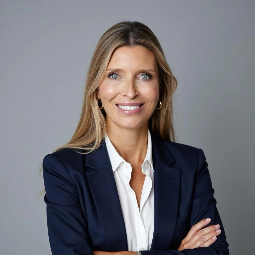 A close up of a confident woman smiling in a dark blue blazer against a plain grey background.