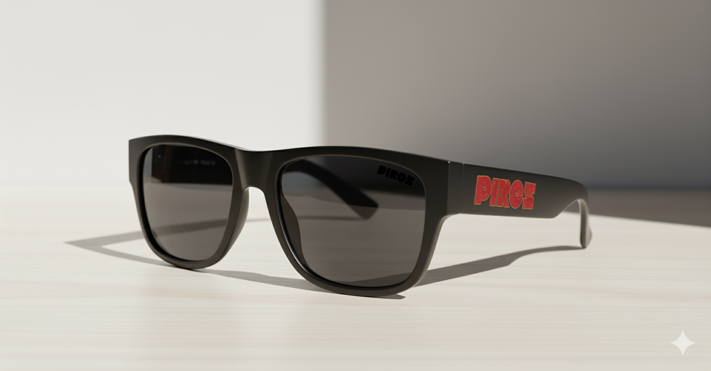 Black sunglasses with gray lenses and red and black logo on the arm, sitting on a white surface with shadows.