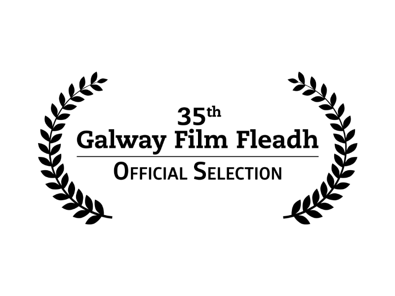 Black and white logo for the 35th Galway Film Fleadh, with laurel branches on each side and text indicating it is an official selection.