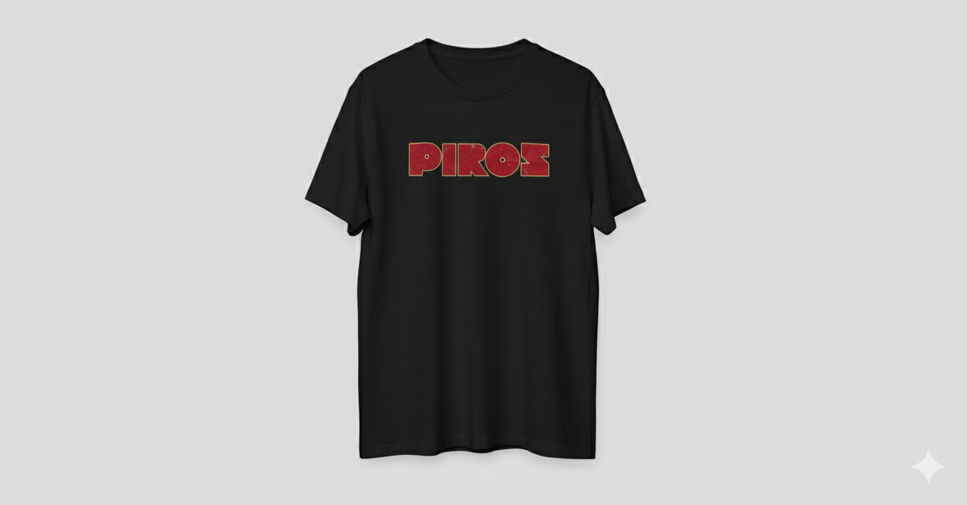 Black T-shirt with the word 'PIROS' printed in bold red and gold letters on the front.