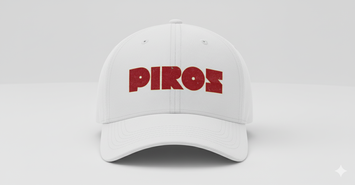 White baseball cap with the word "PIROS" in bold red letters on the front