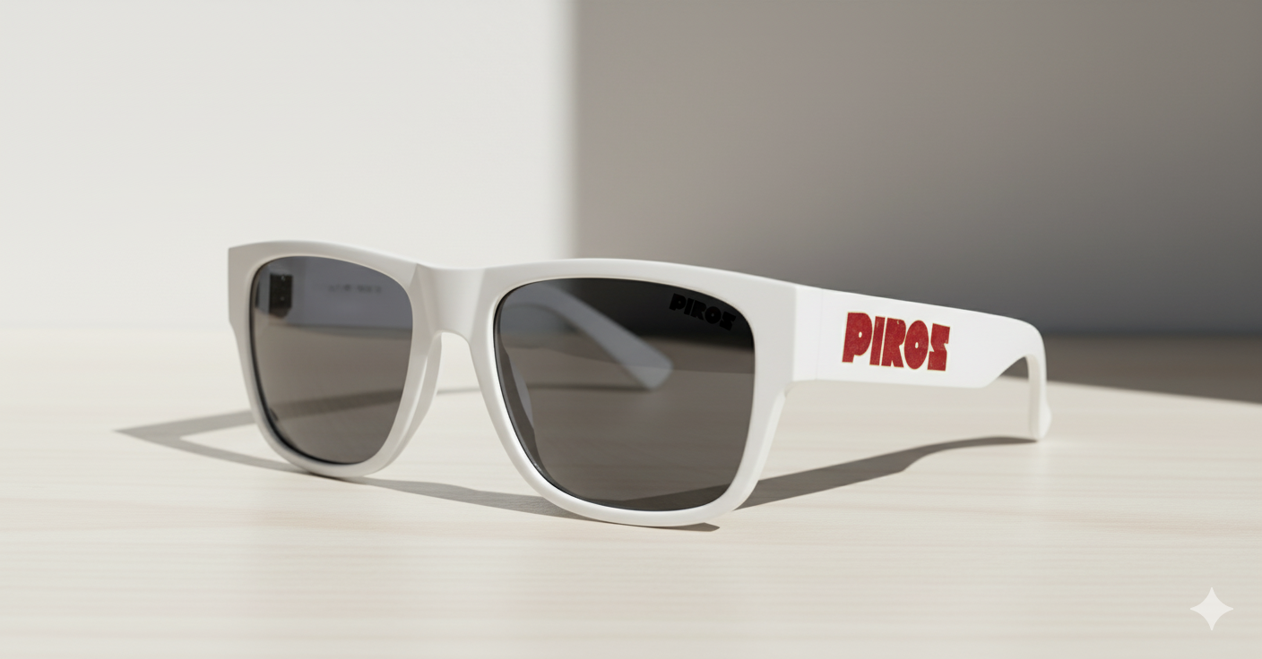 White sunglasses with dark lenses on a light-colored surface, with a shadow cast to the left.