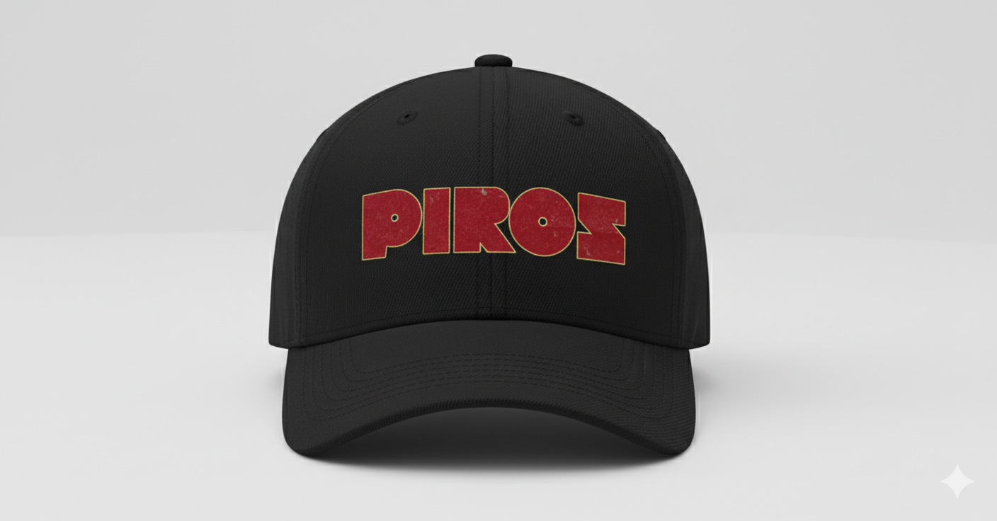 Black baseball cap with red and yellow logo that reads 'PIRO' in stylized letters.