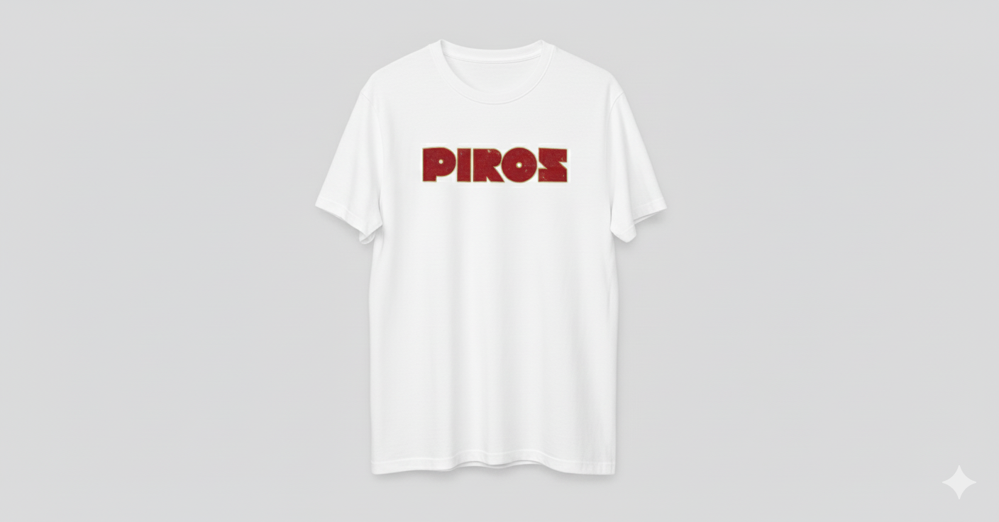 White T-shirt with the word 'PIROS' printed in bold red letters across the chest.
