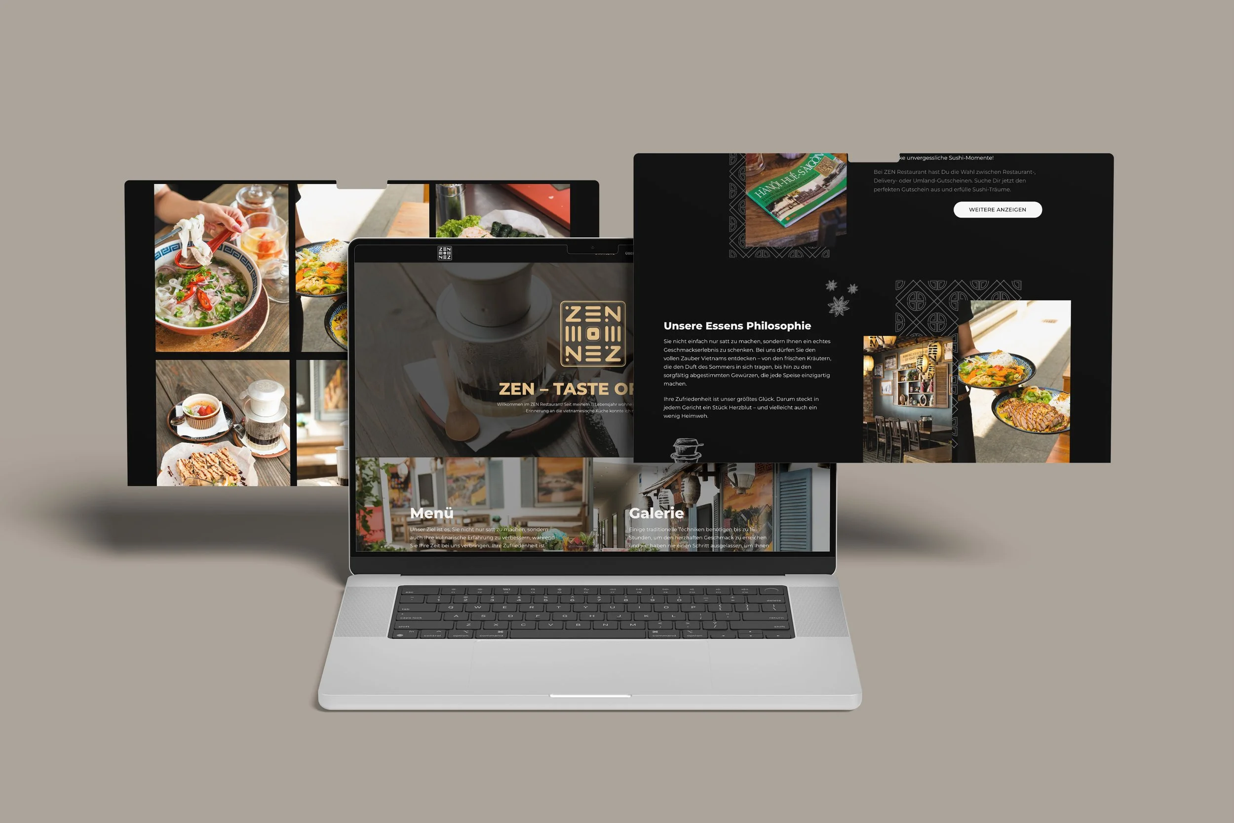 A silver laptop on a plain gray surface displaying a website for a restaurant or cafe, with overlapping pages showing images of food, interior decor, and text describing the business's philosophy, menu, and gallery.