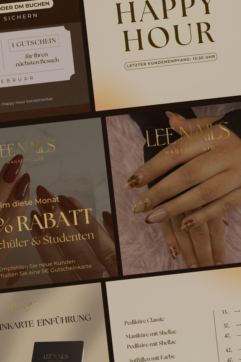 Collage of promotional signs and images for Lee Nails Nail Studio, featuring a hand with manicured nails, a Happy Hour poster, and discount offers for students and new customers.