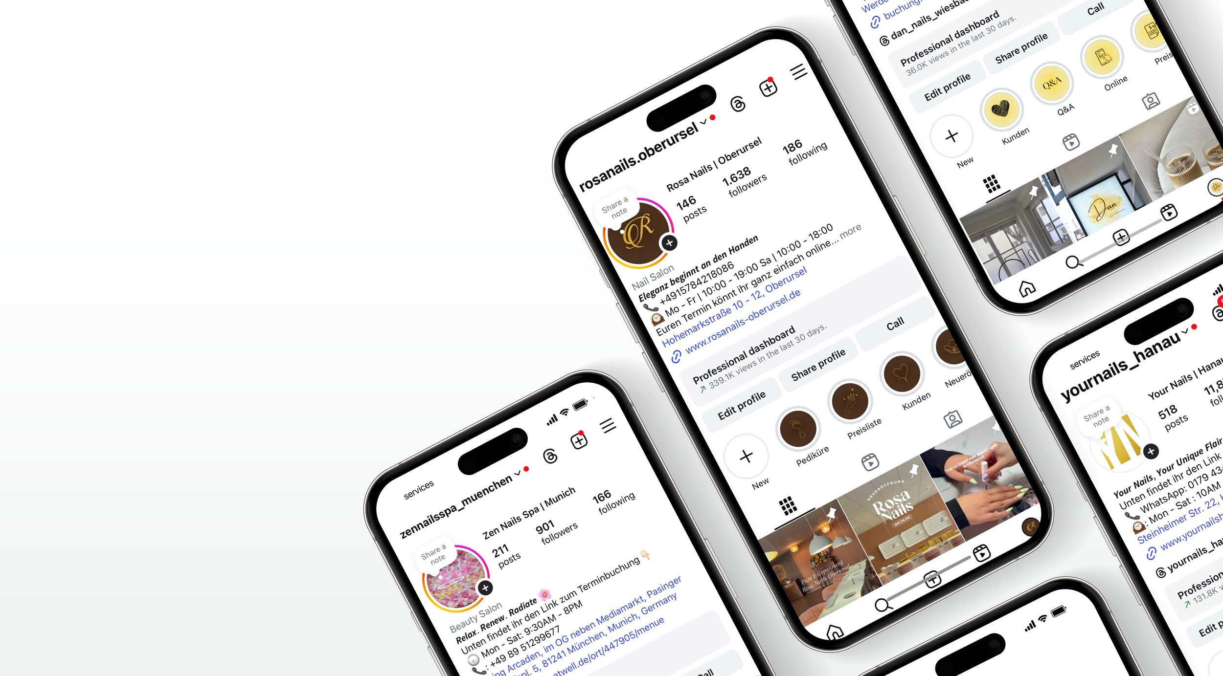 Three smartphones displaying Instagram profiles related to nail salons. The screens show profile pictures, follower information, bio descriptions, and posts from different nail salons.