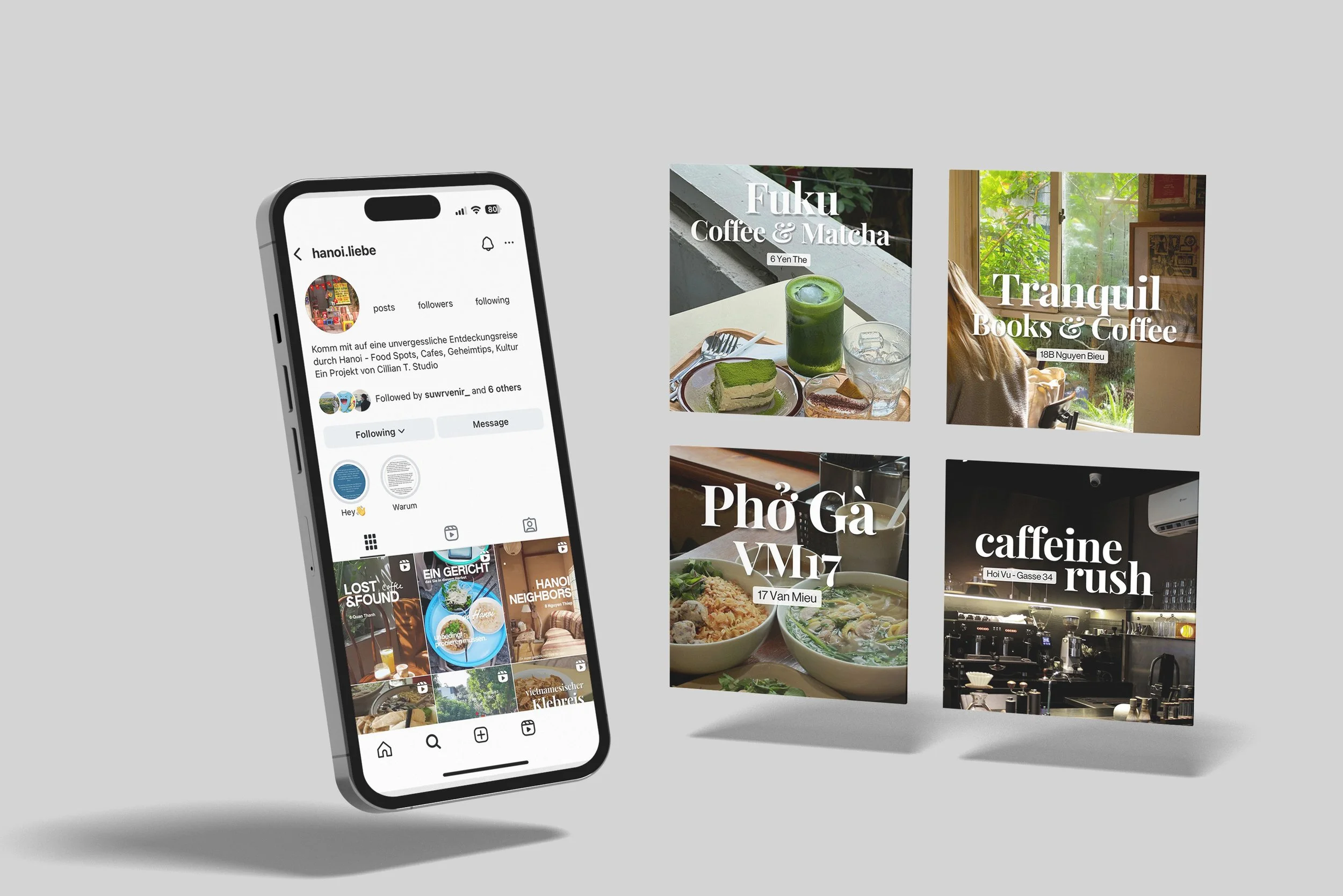 An iPhone displaying an Instagram profile page, mounted next to four floating images of cafe-themed posters with text, including "Fuku Coffee & Matcha," "Tranquil Books & Coffee," "Phở Gà VM17," and "caffeine rush."