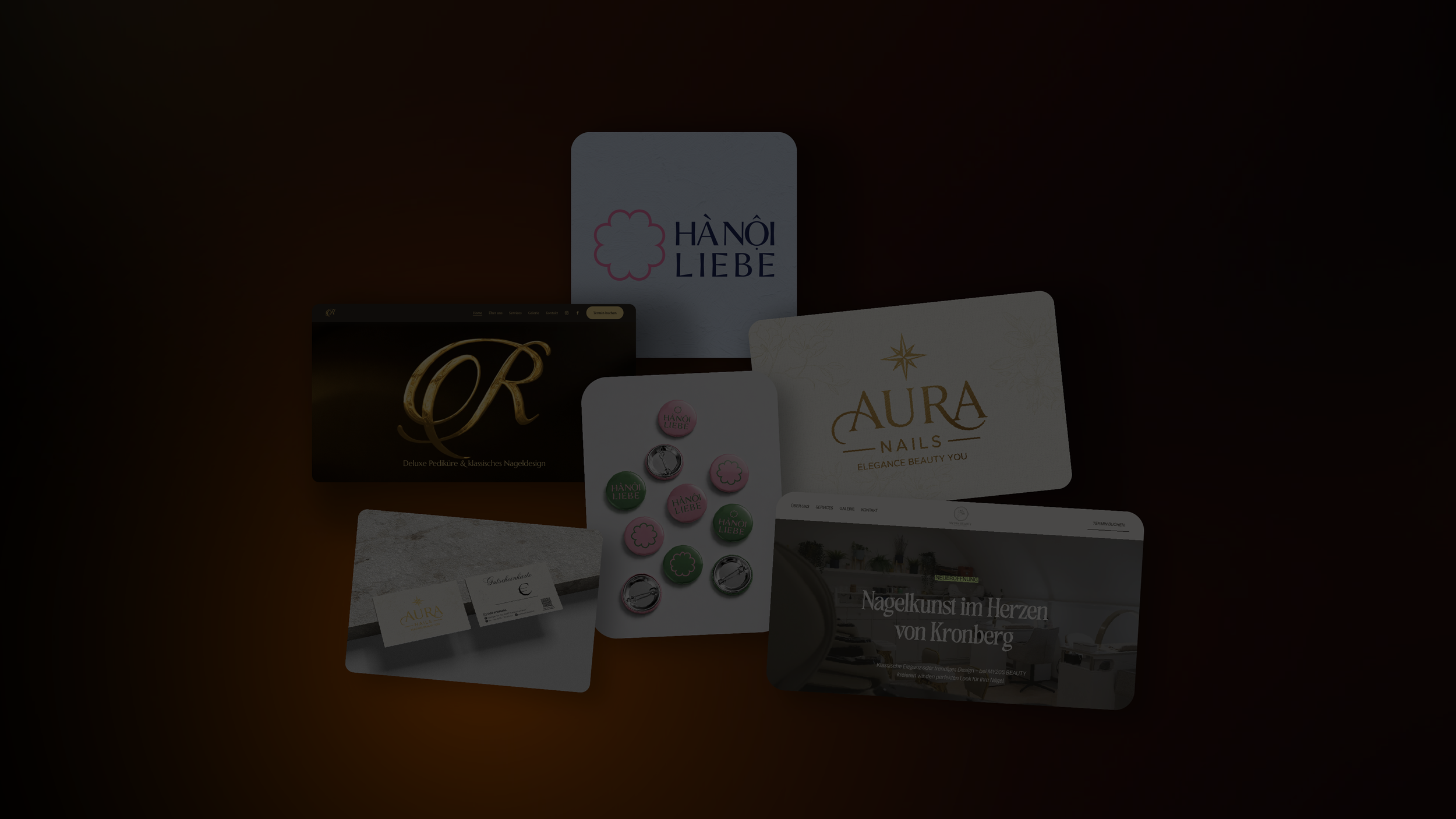 Various business cards, buttons, and digital screens displaying logos and designs for a brand named 'Hà Nội Liebe' and 'Aura Nails'.