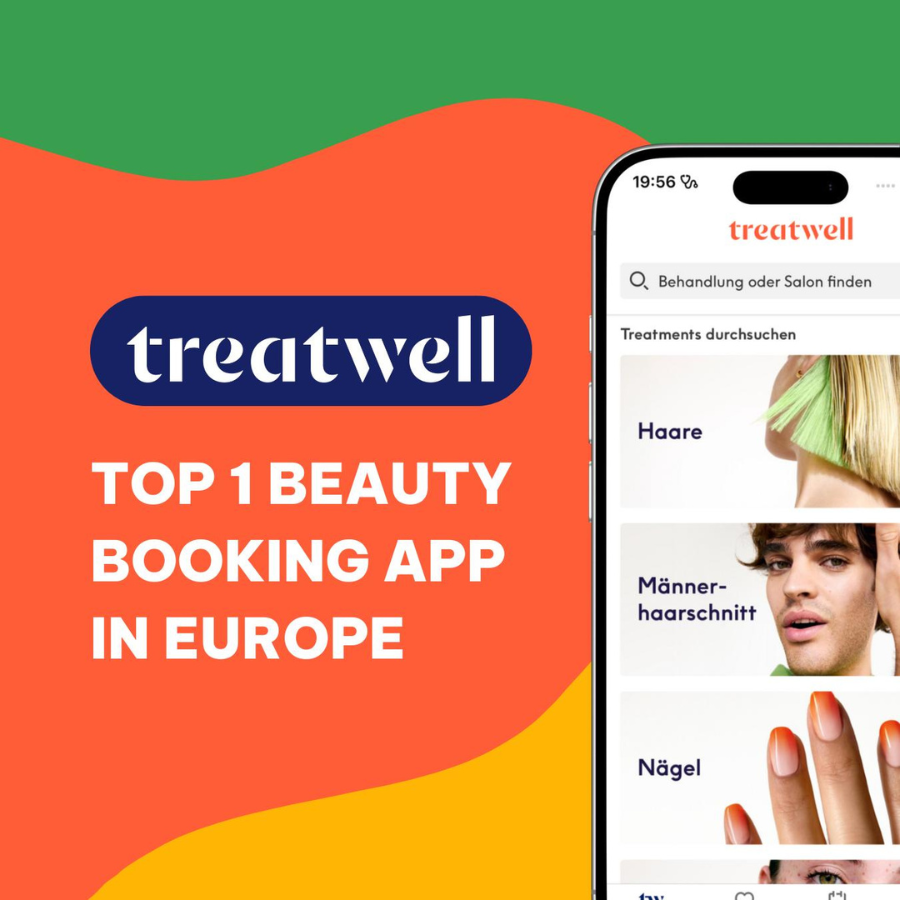 Promotion for Treatwell, a beauty booking app in Europe, with a phone screen displaying beauty treatment options like hair, men's haircut, and nails.