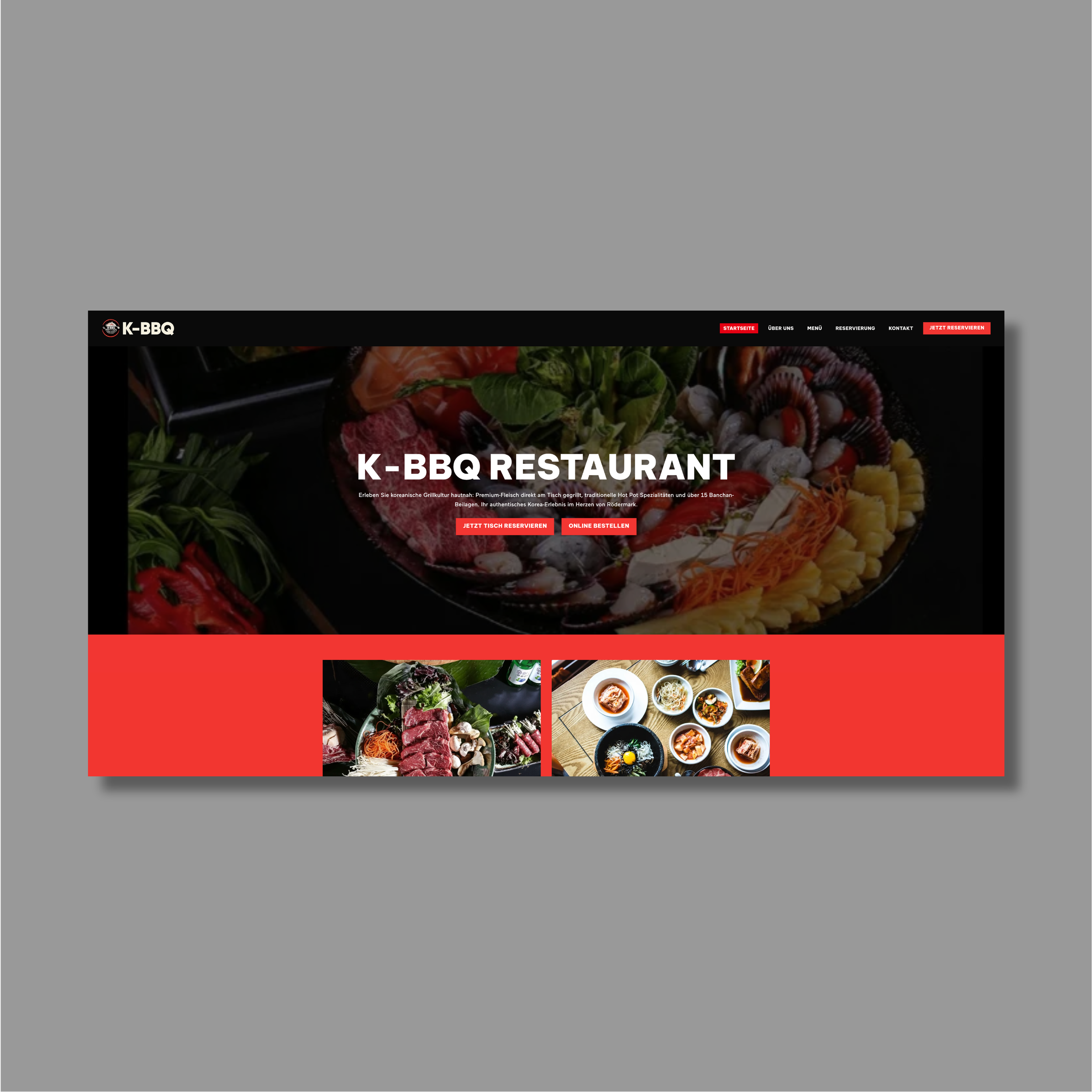 Screenshot of a Korean BBQ restaurant website homepage with images of raw meat, seafood, and side dishes.