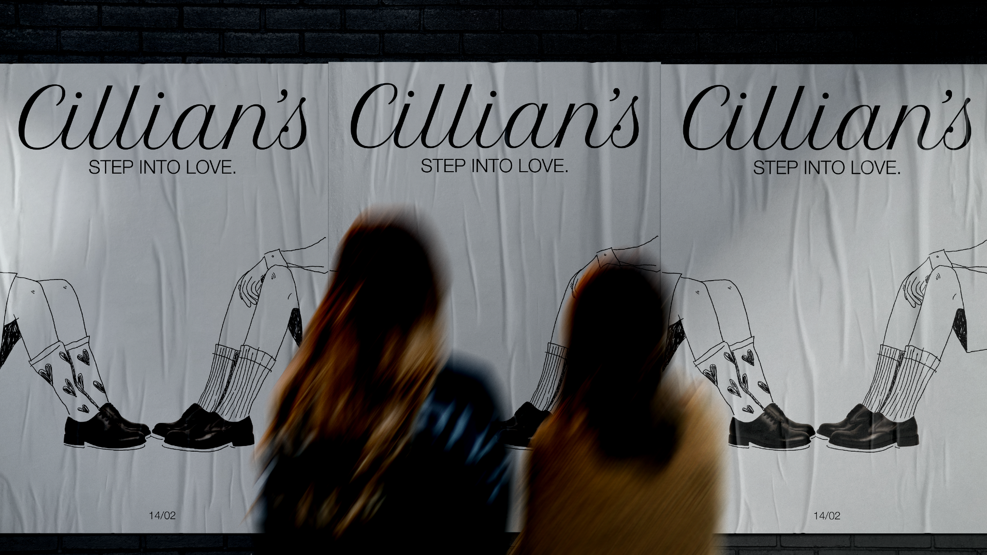 Blurred figures of two women standing in front of a large poster. The poster reads 'Cillian's' repeated three times with 'STEP INTO LOVE.' underneath, featuring a line drawing of legs wearing socks with hearts and black shoes.