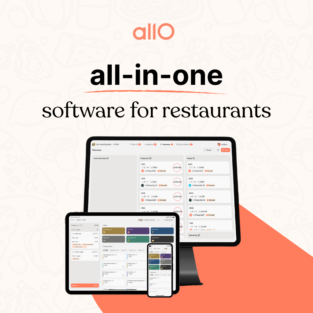 Promotional image for AllO restaurant management software showing screens on a tablet and a smartphone with menu and order management features.