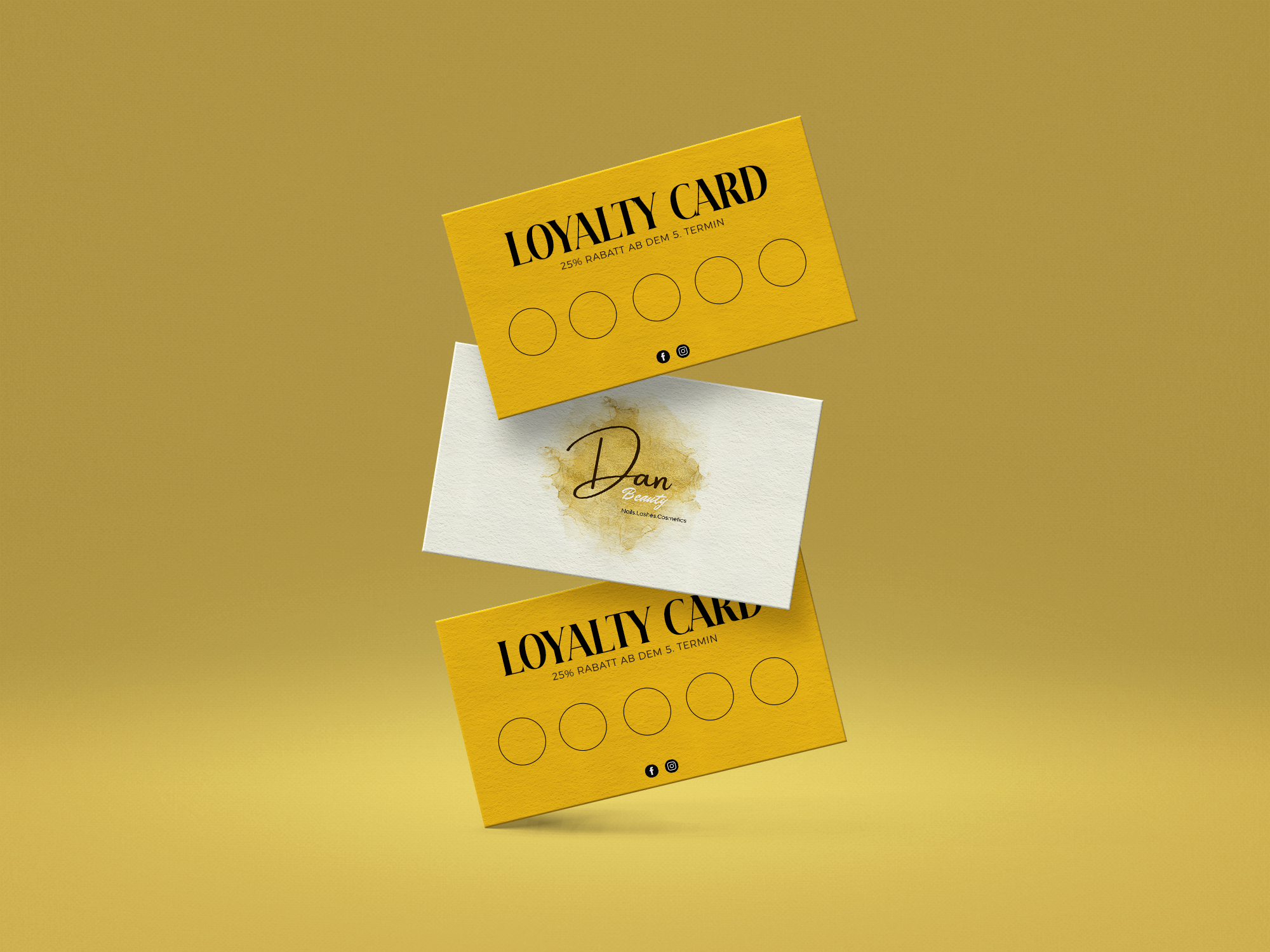 Three floating loyalty and business cards, two yellow with black text and one white with a gold watercolor background, on a yellow gradient background.