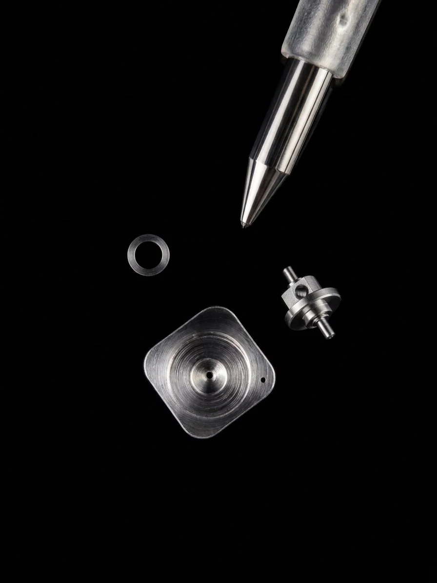 Close-up of a tiny highly precise part with a pen refill
