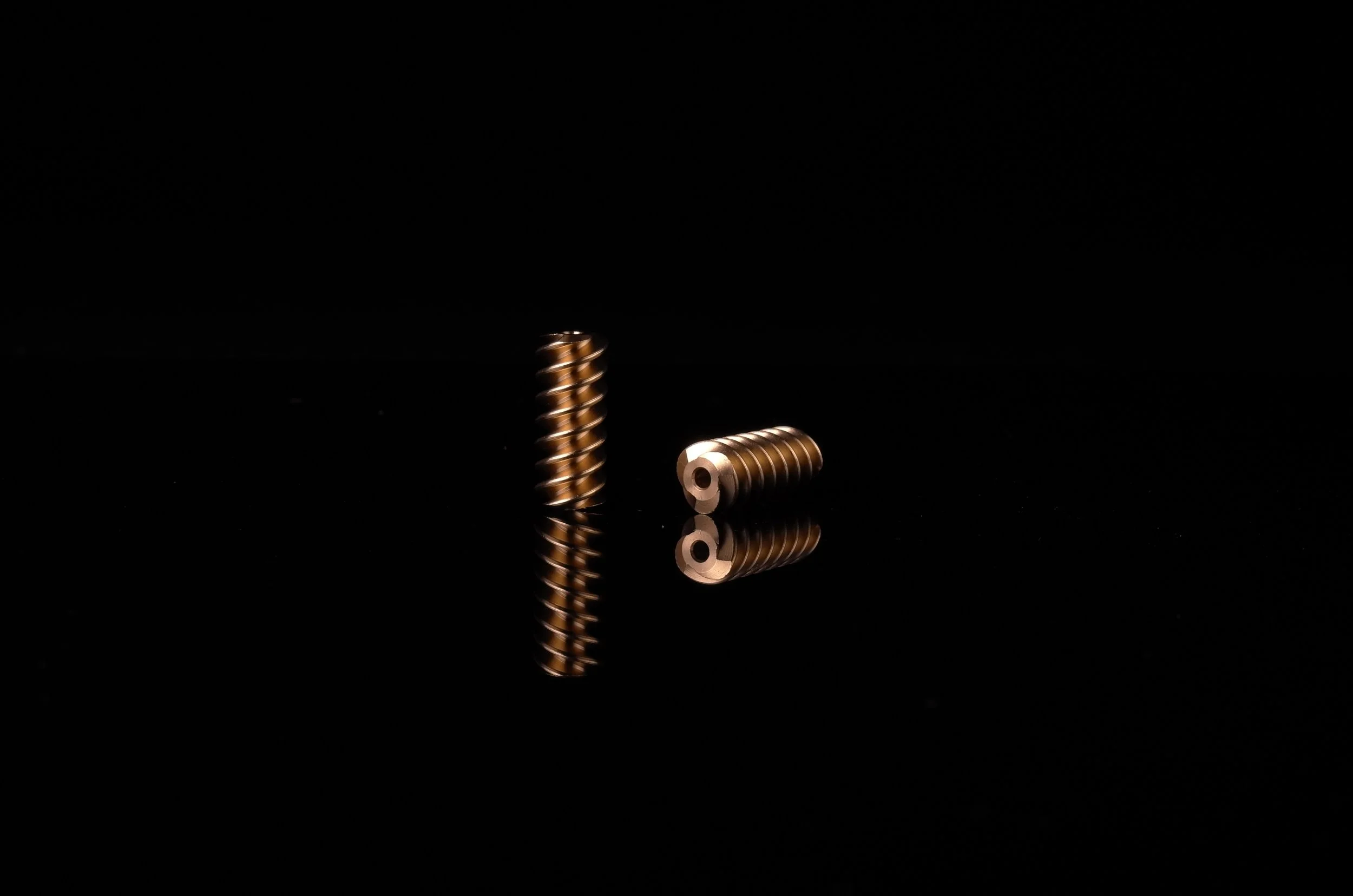Two metallic screws with a shiny surface, one standing upright and the other lying down, on a reflective black surface against a dark background.