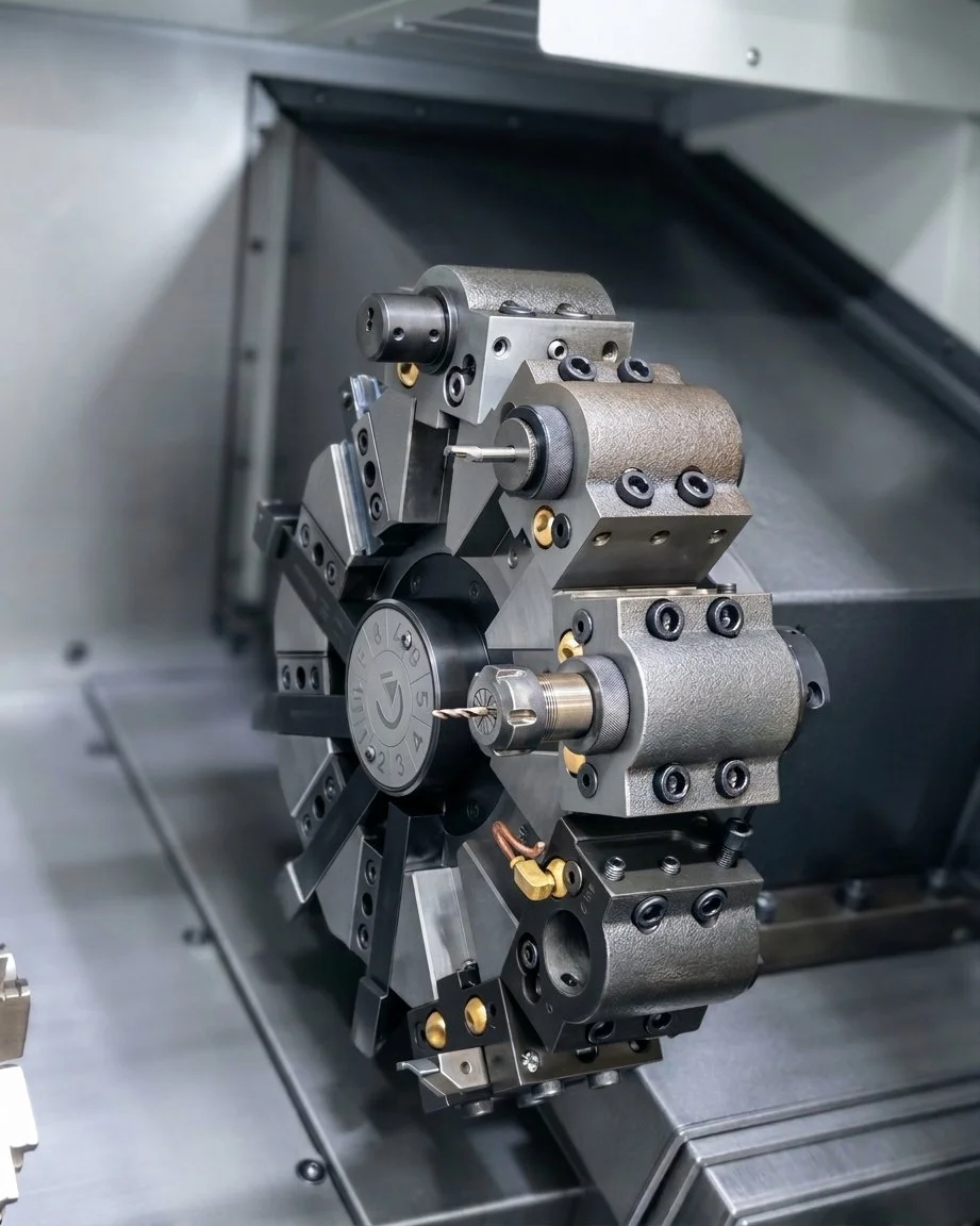 Close-up of a CNC machine tool component with various metal parts, screws, and a central rotating knob in a manufacturing environment.