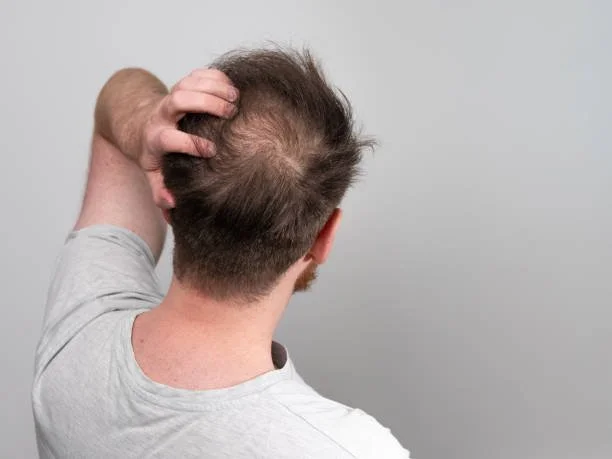 Back view of man with thinning hair on top of head, scratching scalp.