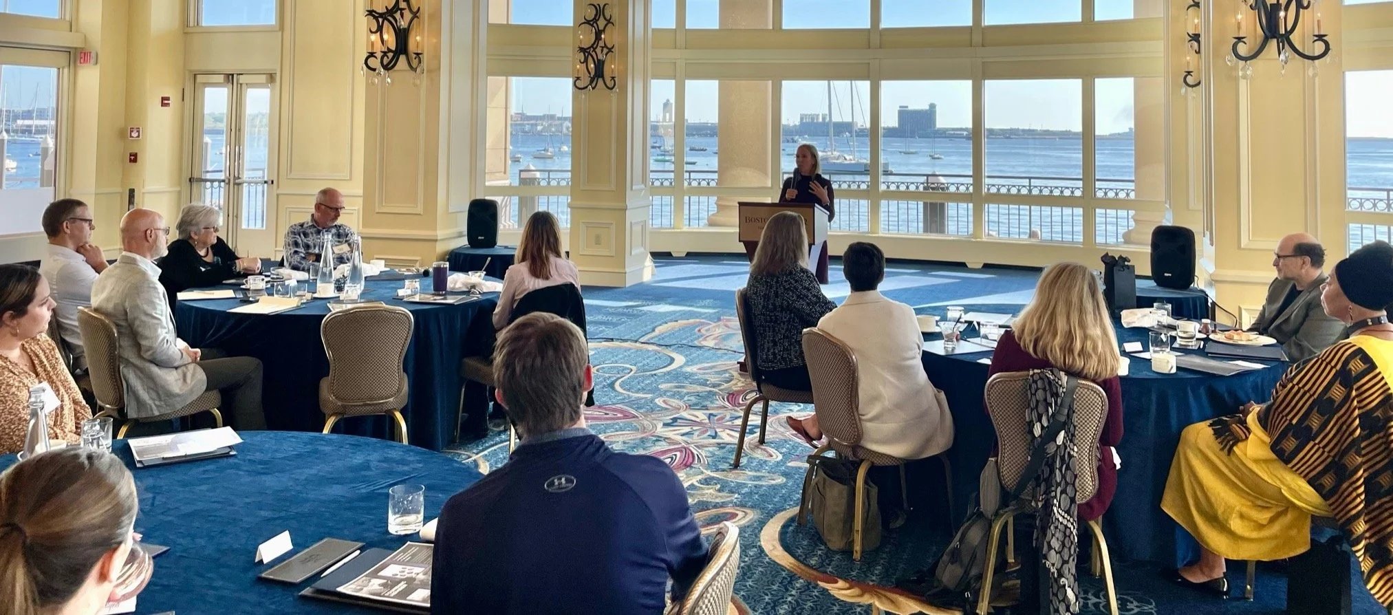 Group of people at tables with a presenter at a podium