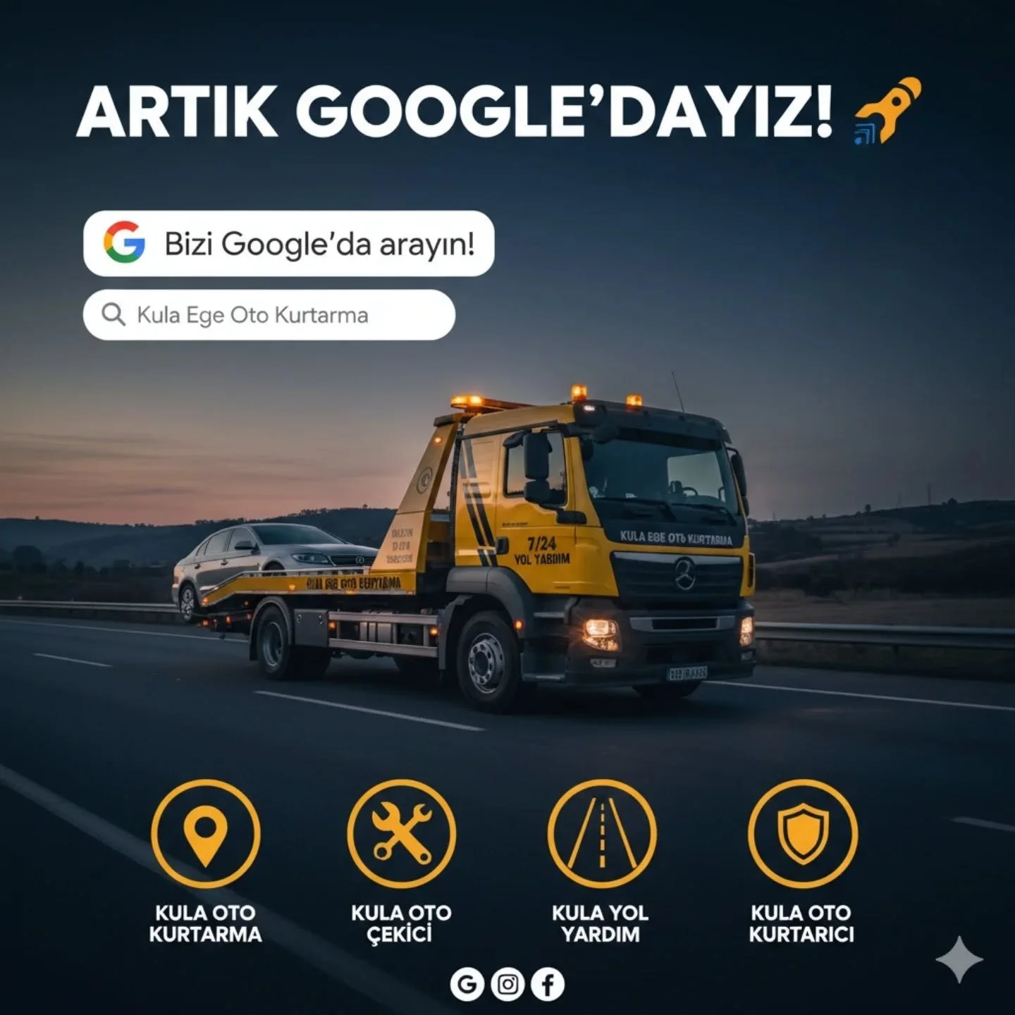 Olası t&uuml;m acil durumlarda yanınızda olmak i&ccedil;in artık Google'dayız! 🚀

​Kula Ege Oto Kurtarma ve Yediemin Hizmetleri olarak, Google İşletme Profilimizi aktif ettik. Artık Kula oto kurtarma, Kula oto &ccedil;ekici ve Kula yol yardım ihtiya