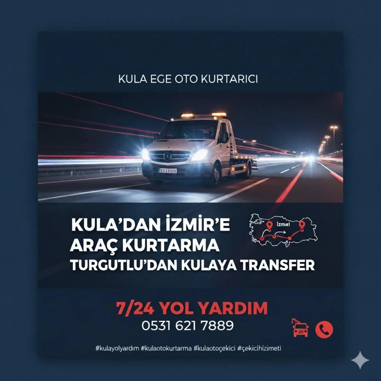 D&uuml;n gece yoğun bir mesaimiz vardı! İlk olarak, Kula'da kaza yapan bir aracı g&uuml;venli bir şekilde İzmir 3. Sanayi'ye taşıdık. Ardından, d&ouml;n&uuml;şte Turgutlu'da yolda kalan başka bir ara&ccedil; i&ccedil;in kula yol yardım talebine cevap