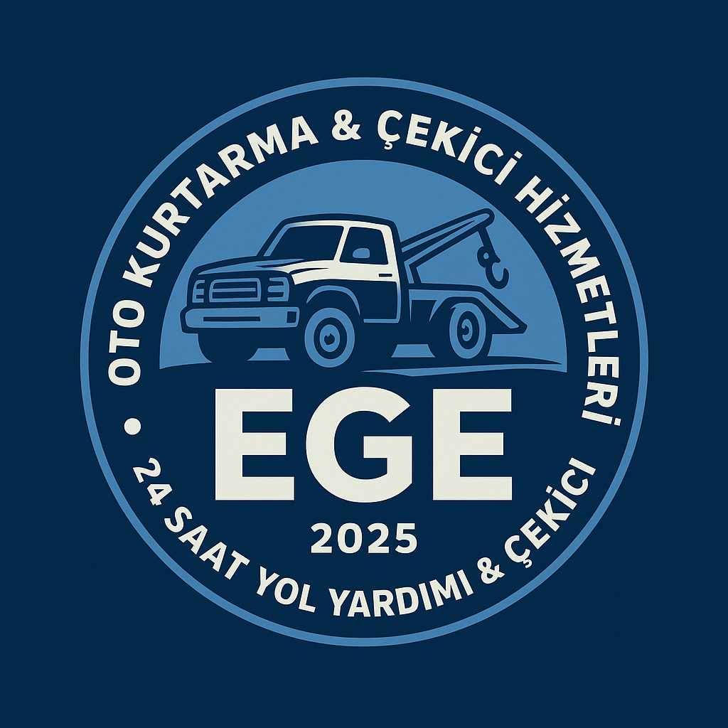 Ortasında çekici aracı illüstrasyonu bulunan dairesel bir logo. Logonun etrafındaki metinde üstte "Oto Yardım & Çekici Hizmeti", altta ise "24 Saat Yol Yardımı & Çekici" yazmaktadır. Ayrıca ortada "EGE" kısaltması ve "2025" yılı da belirgin bir şekil