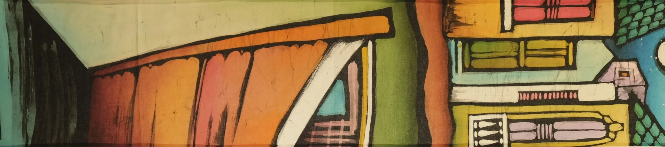 Colorful abstract mural of a cityscape with buildings, a street, and a moon