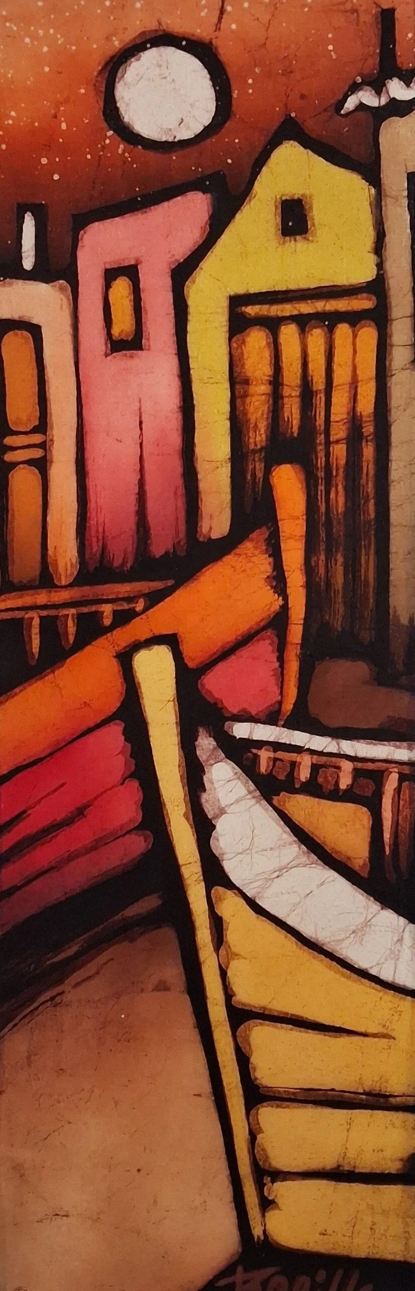 Colorful street art mural depicting abstracted buildings, a full moon, and a pathway or stairs in bright shades of yellow, orange, and pink, outlined in black.