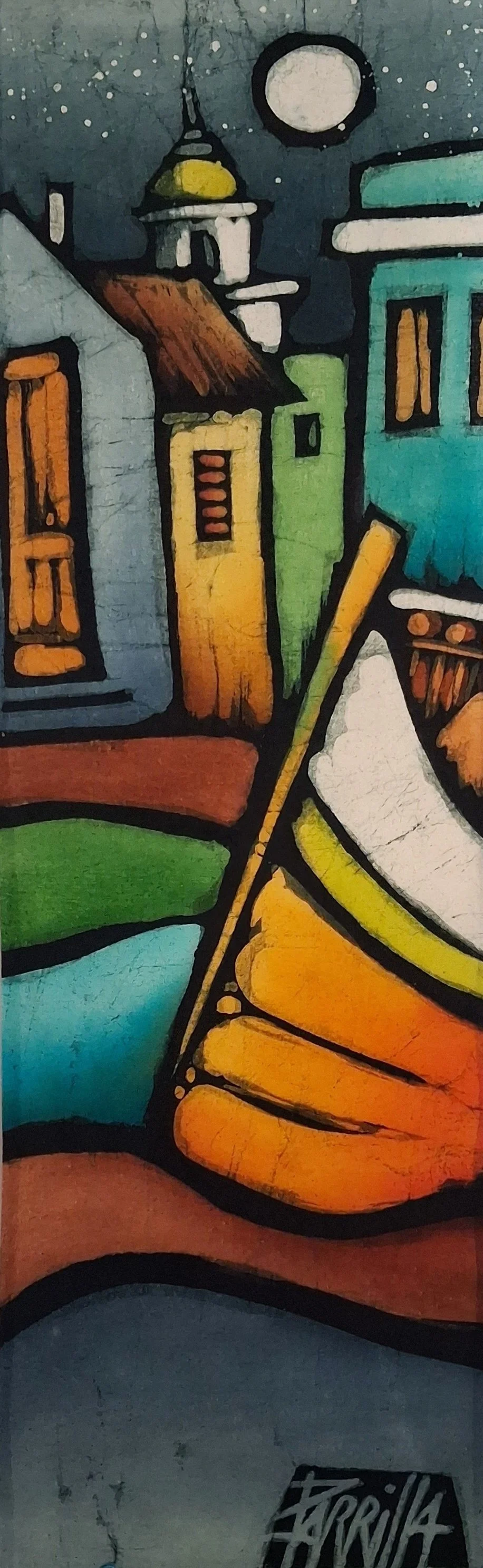 Colorful batik depicting stylized cityscape with buildings, moon, and stars at night.