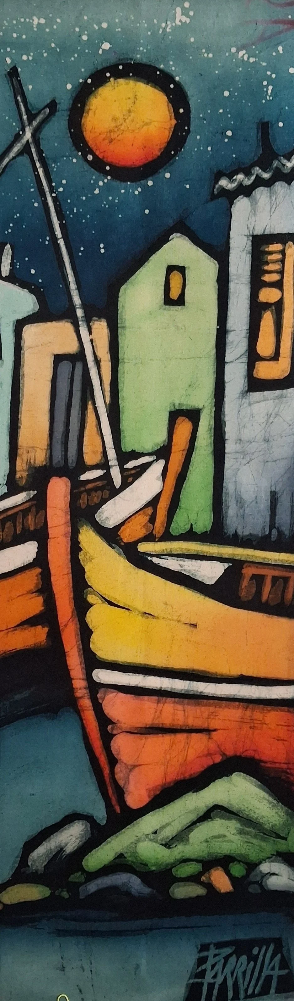 Colorful batik of a cityscape with a stylized sun, buildings, a street, and vibrant colors.