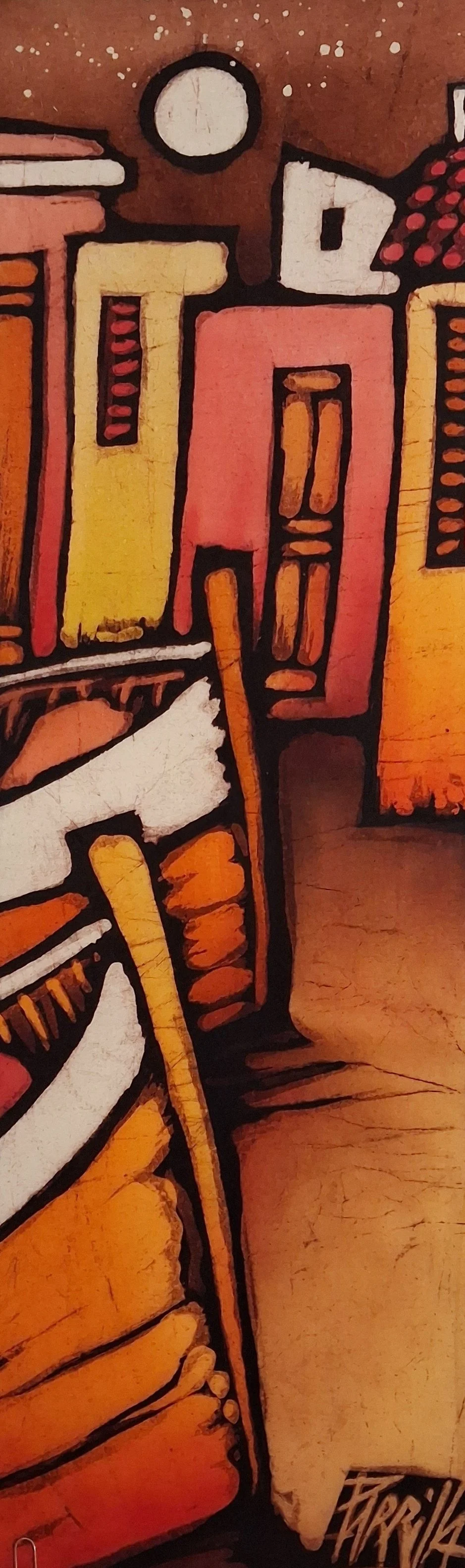 Close-up of colorful graffiti art depicting books on a bookshelf, with a clock above.