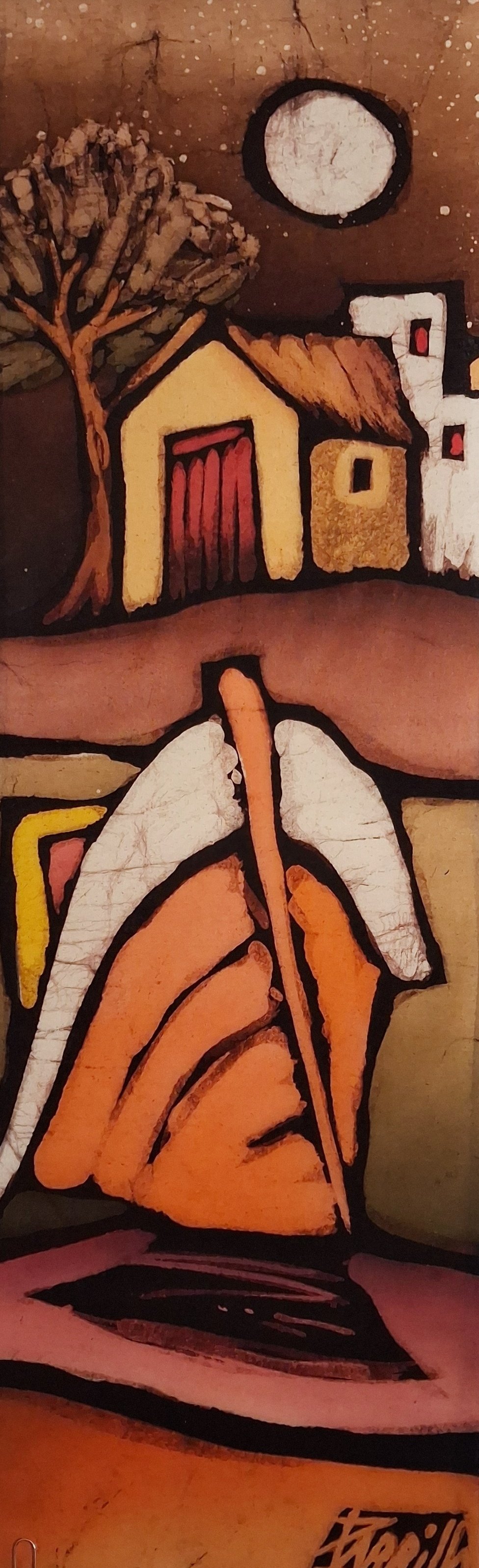 Colorful abstract painting featuring a house, a tree, a large moon, and a slice of bread.