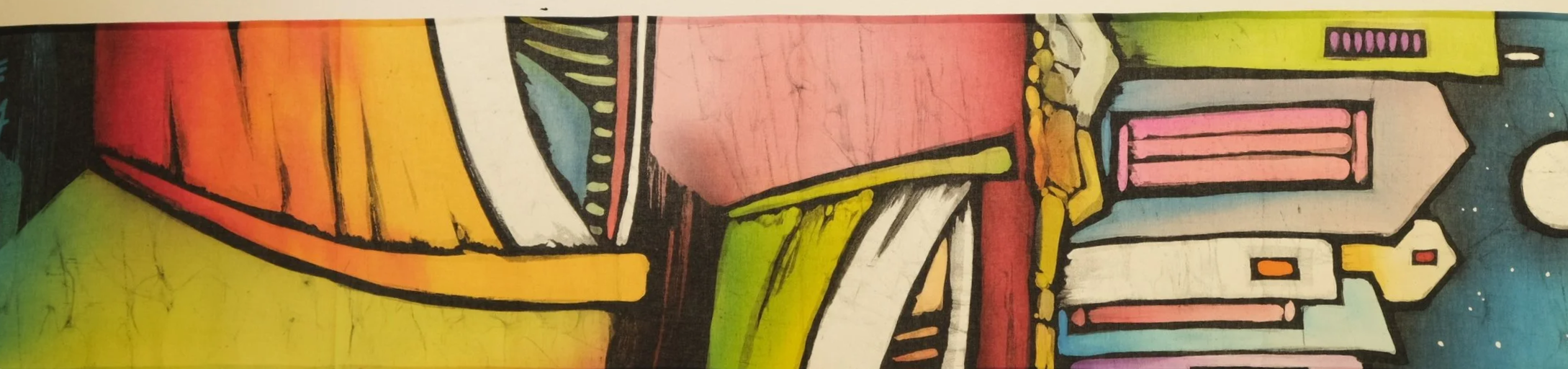 Colorful batik art depicting buildings, boat and a full moon against a dark sky, painted in bright colors with bold black outlines.