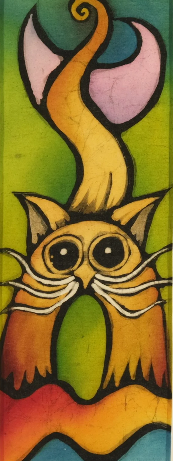 Colorful cartoon-like batik painting of a cat, spiky tail, and rainbow wings, set against a vibrant green background.