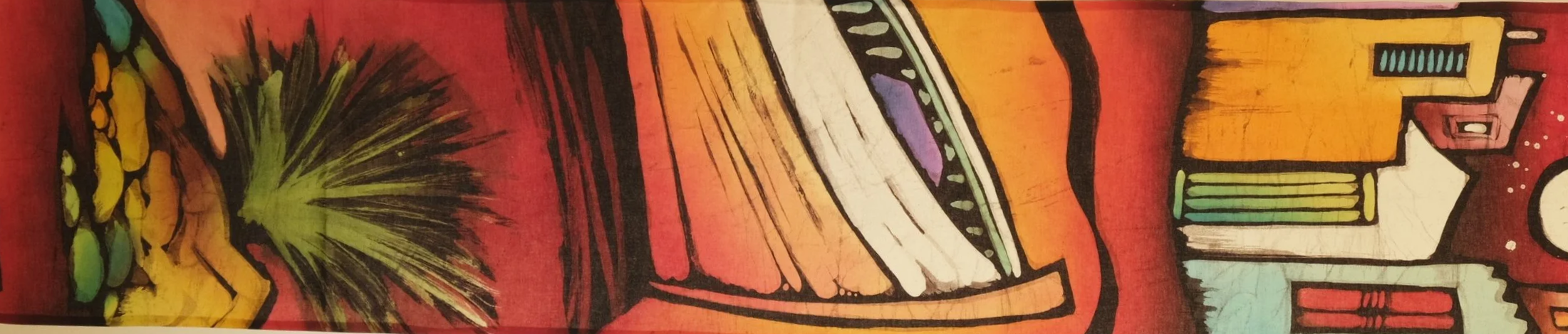 Colorful batik painting with a plant, boat and houses, and a variety of bright hues including red, yellow, green, purple, and black.