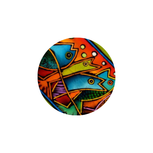 Colorful butterfly illustration on a round surface.