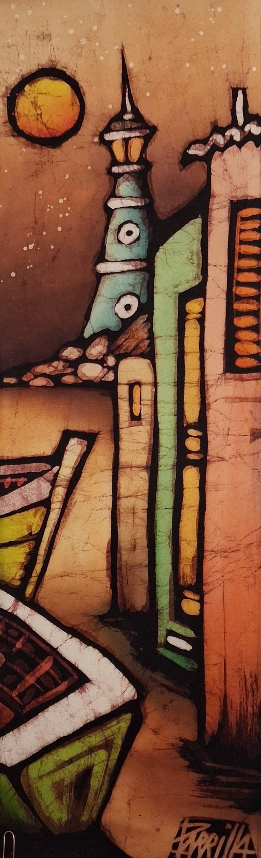 Street art featuring a church steeple, a sun, and abstract shapes with earthy tones and black outlines.