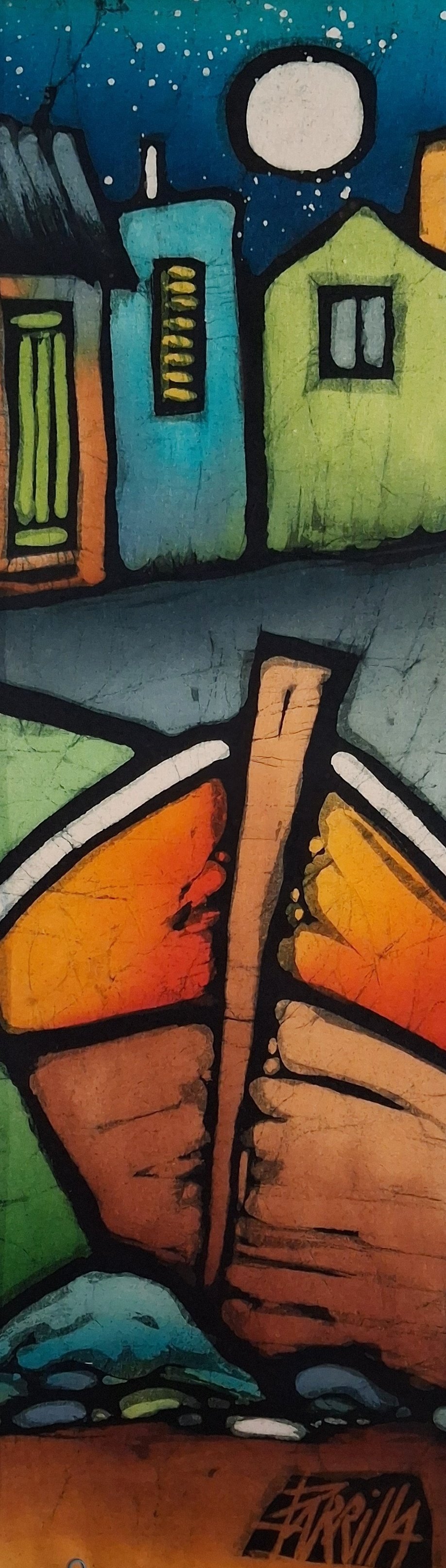 Colorful graffiti mural of a cityscape under the night sky, featuring a full moon, buildings with windows, and a large orange and yellow butterfly.