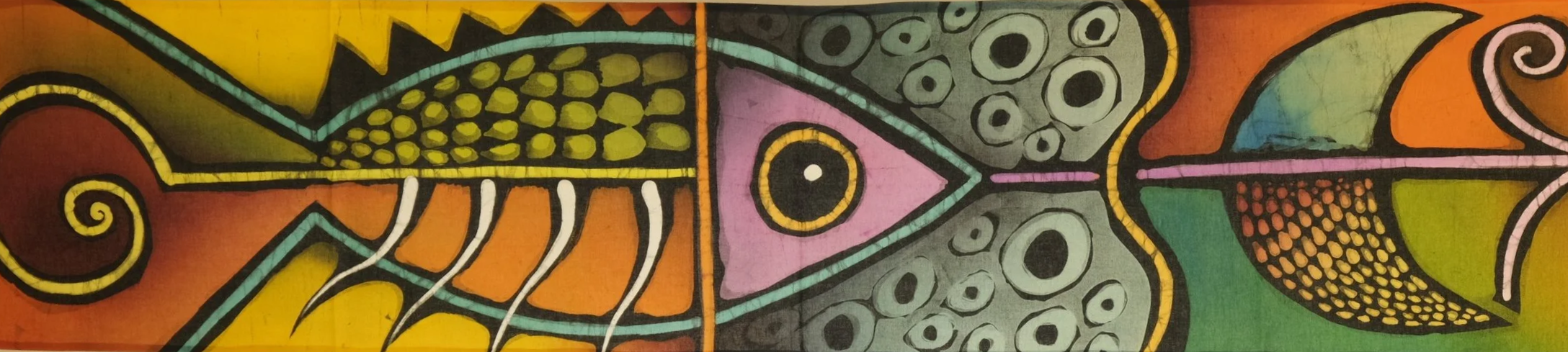 Colorful abstract mural with fish and eye motifs, divided into sections with yellow, green, pink, black, and orange colors.