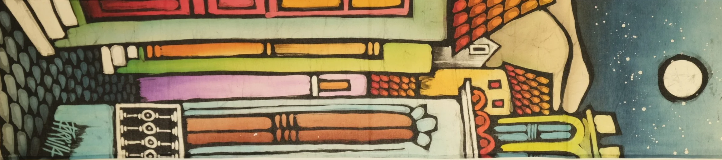 Colorful street scene with buildings, arches, and a dark sky with a moon