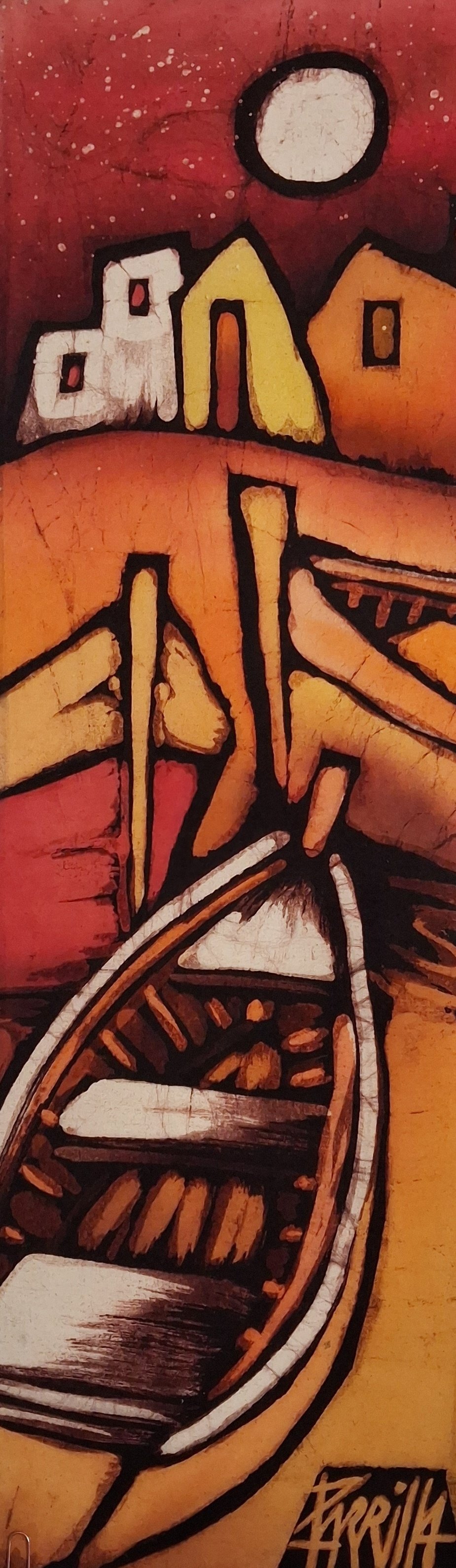 An abstract painting of a landscape scene with a boat, houses, and the sun or moon in the sky, using bold black outlines and warm colors like orange, yellow, red, and white.