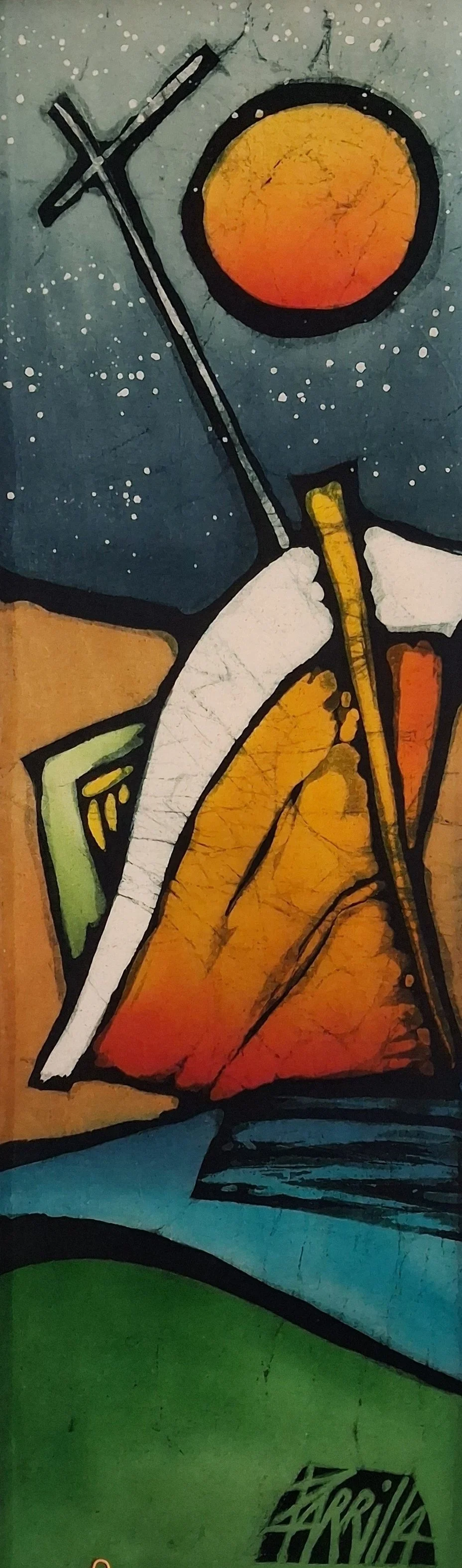 Abstract mural depicting a hand holding a paintbrush, a circle resembling a sun or moon in the background, stars, and vibrant colors.